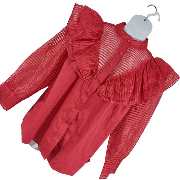 ASHLEY STEWART! RIPE ROUGE REF SHEER STRIPED, RUFFLED POUF SLEEVE BLOUSE! SZ 18 - Picture 1 of 8
